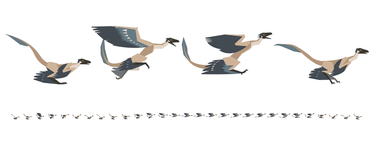 This sprite sheet for a Microraptor's run sequence has 29 frames